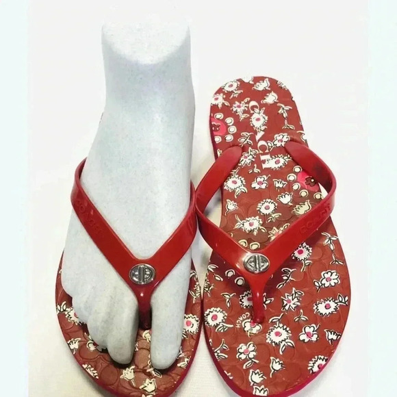 Coach red floral flips flops. Size 9-10 Silver embellishment on strap. - Picture 1 of 9